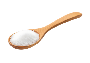 Wooden spoon with coarse sea salt or sugar crystals, top down view. Isolated on transparent background, png