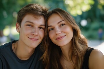 A young man and woman are smiling at the camera. The man is wearing a black shirt and the woman is wearing a black tank top. They are both wearing necklaces