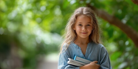 A young girl is holding a stack of books and smiling. Concept of happiness and excitement, as the girl appears to be eager to read or learn from the books she is holding