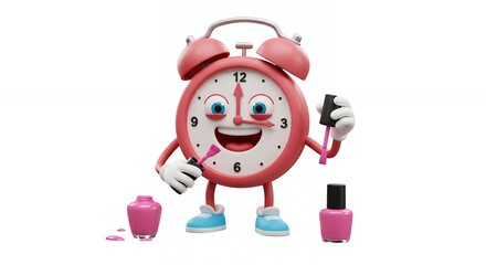 Cartoon clock character applying nail polish