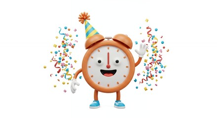 Cartoon clock character with party hat and confetti