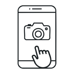 Smartphone photography app icon with camera and hand gesture. Vector illustration