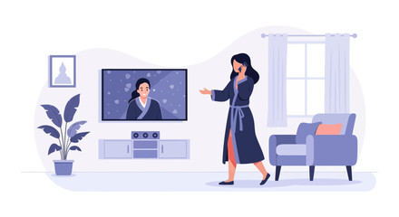 Woman In Bathrobe Talking On Phone With Tv On And Chair At Home