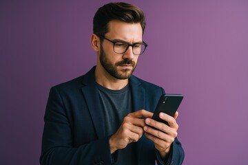 Young professional man confidently using smartphone against vibrant purple gradient background