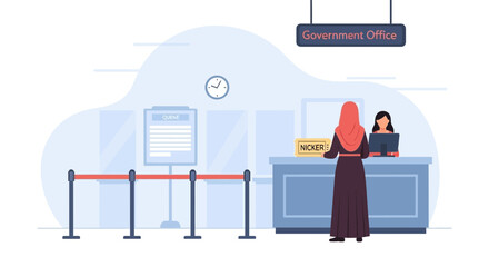 Woman In Hijab At Government Office Counter Waiting For Services Illustration