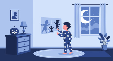 Young Boy In Pajamas Enjoying Night Time Shadow Puppets Activity In Bedroom