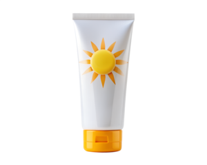 A white tube of sunscreen with a yellow sun graphic and orange cap, isolated on a transparent background