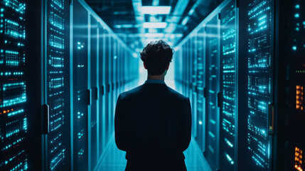 A man working on a laptop in a data center server room, inspecting systems or solutions for coding and business networks, representing tech upgrades and problem-solving.