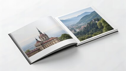 Open photo album showcasing architecture and mountain scenery views