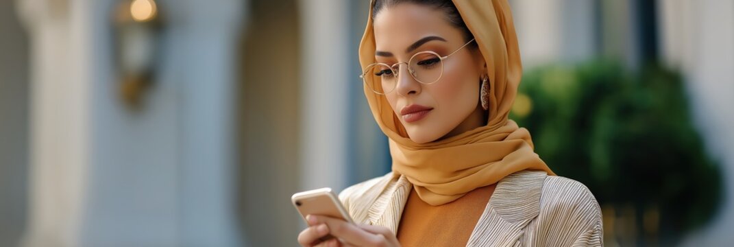 A woman wearing a scarf and glasses is looking at her cell phone. She is focused on the screen, possibly checking her messages or browsing the internet. Concept of modern technology