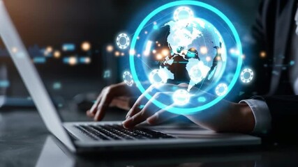 Person typing on laptop with a global digital interface - Powered by Adobe