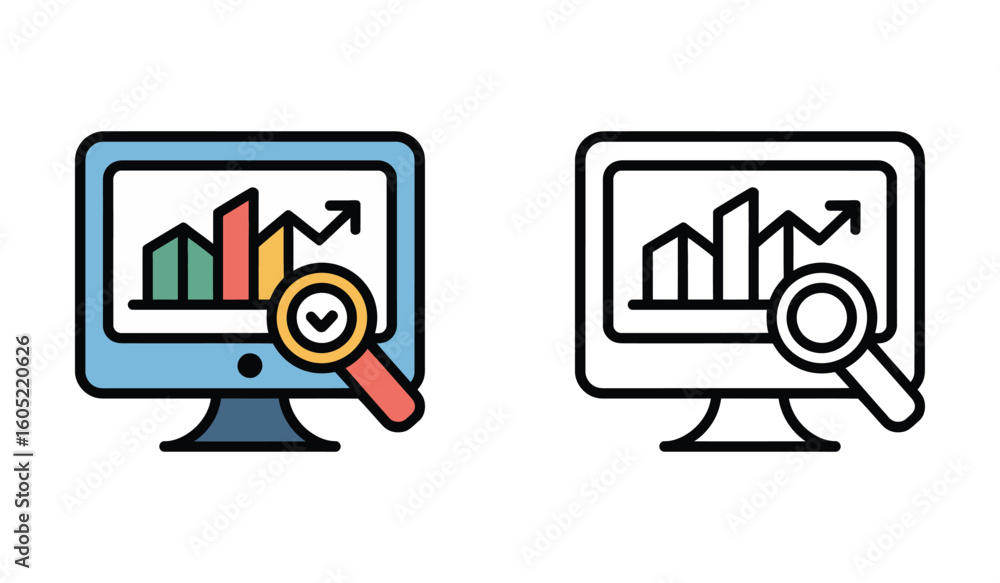 Aufkleber data analysis on computer with magnifying glass icon for business and technology