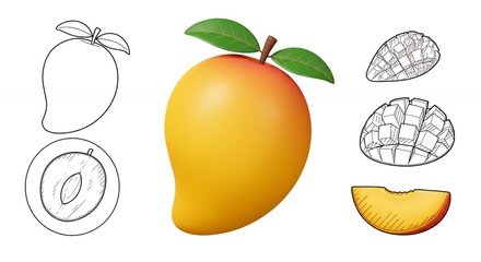 Mango illustration various views coloring book healthy food