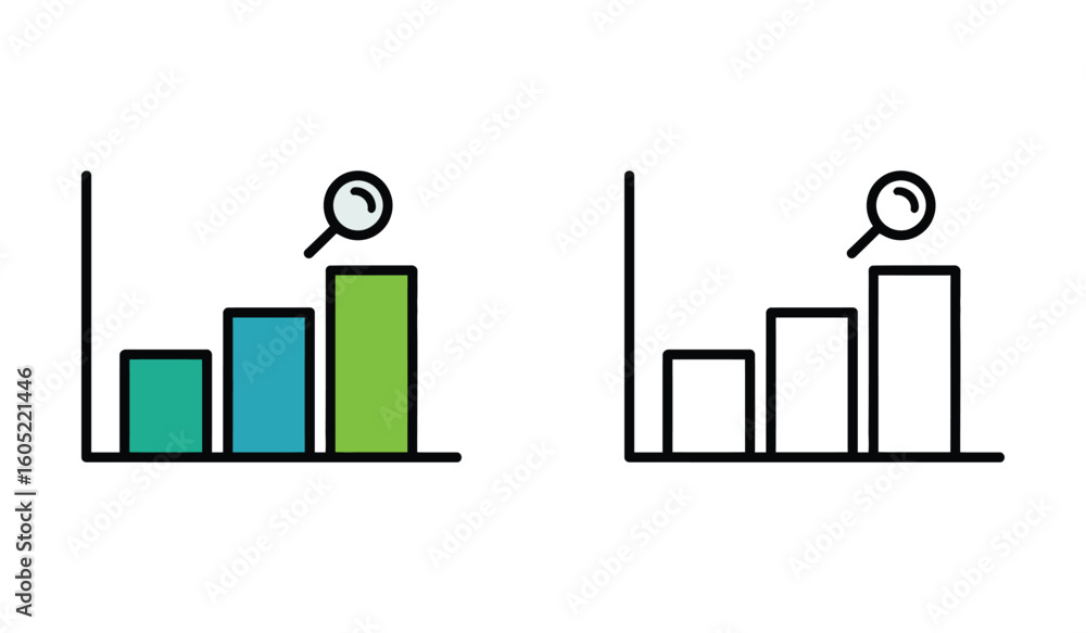 Aufkleber analyzing growth charts with magnifying glass icons and color variation, representing progress