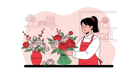 Young Florist Creates A Stunning Bouquet In Her Flower Shop Working With Care