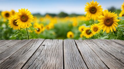 Obraz premium Wooden table with sunflower field background on a summer day
