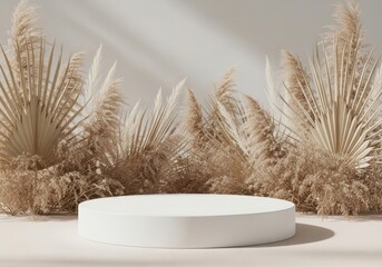 Minimalist display podium with pampas grass