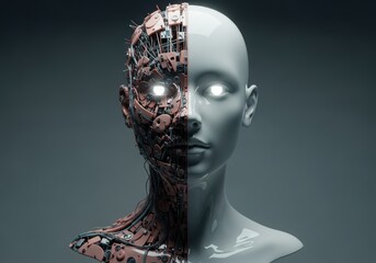 Futuristic concept of half human half robot cyborg with cybernetic enhancements