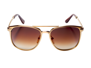 A pair of gold aviator sunglasses with brown gradient lenses isolated on white isolated on transparent background