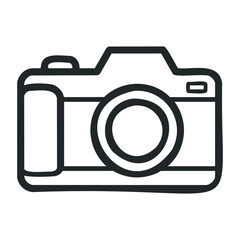 Black and white line drawing of a vintage camera with lens details. Vector illustration