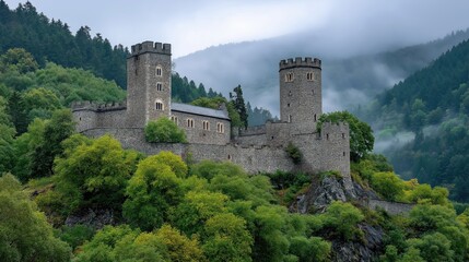 Naklejka premium Medieval castle overlooking misty forest in germany, a serene landscape