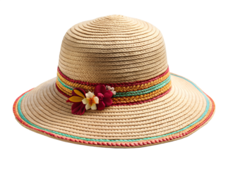 A straw sun hat with a decorative ribbon and flower, isolated on a transparent background
