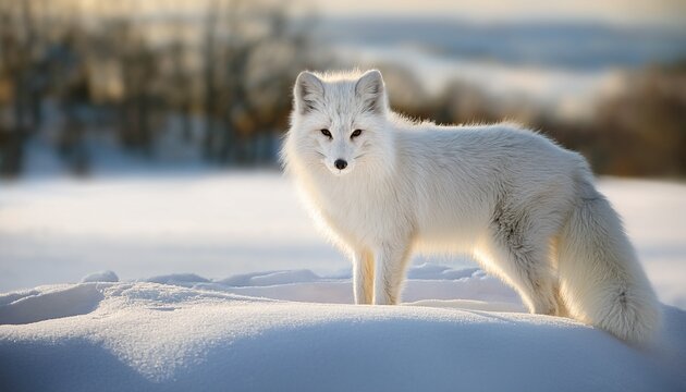 a majestic white fox stands gracefully atop a pristine blanket of snow its fur glistening in the soft winter sunlight surrounded by a serene snowy landscape
