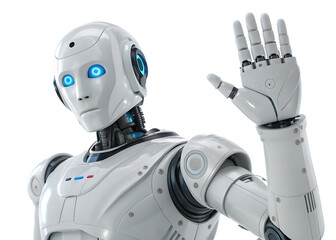 Naklejka premium A humanoid robot with glowing blue eyes and a raised hand against a white background in a studio shot