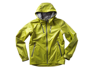 A bright lime green hooded windbreaker jacket with multiple zippers, isolated on white isolated on transparent background