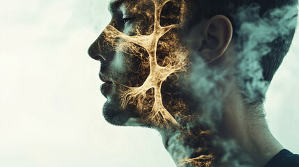 A double exposure image portrays a man suffering from respiratory or lung diseases, showing symptoms of cough, tuberculosis, and other infections alongside a representation of lungs.