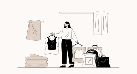 Woman Organizing Clothes After Shopping Preparing Wardrobe Minimalist Style