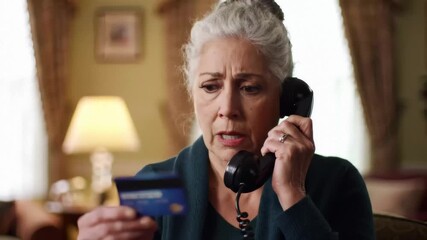Vulnerable Elderly Woman on Phone Giving Credit Card Details, Falling Victim to Phone Scam Fraud Warning Consumer, Protection Awareness Campaign