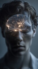 Obraz premium double exposure brain neurons glowing abstract profile dark background futuristic technology concept digital art