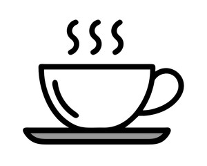 Hot beverage icon with a steaming cup of coffee or tea on a saucer, line art illustration.