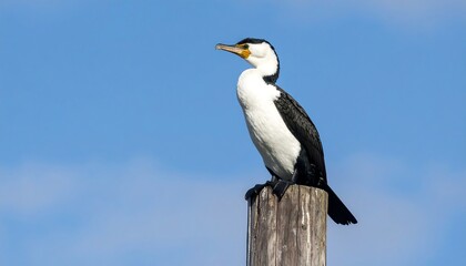 A bird perched on a post against a clear sky