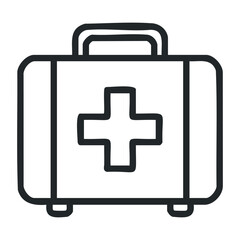 Obraz premium Black and white first aid kit icon with handle and cross symbol. Vector illustration