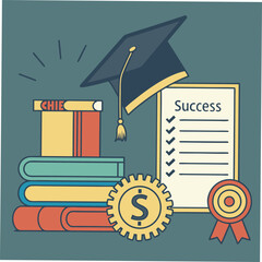 Vector art of graduation cap, books, and success checklist with money symbol and award