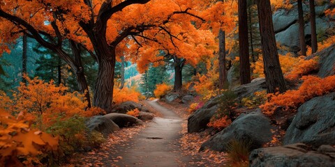 Winding path through vibrant autumn forest landscape