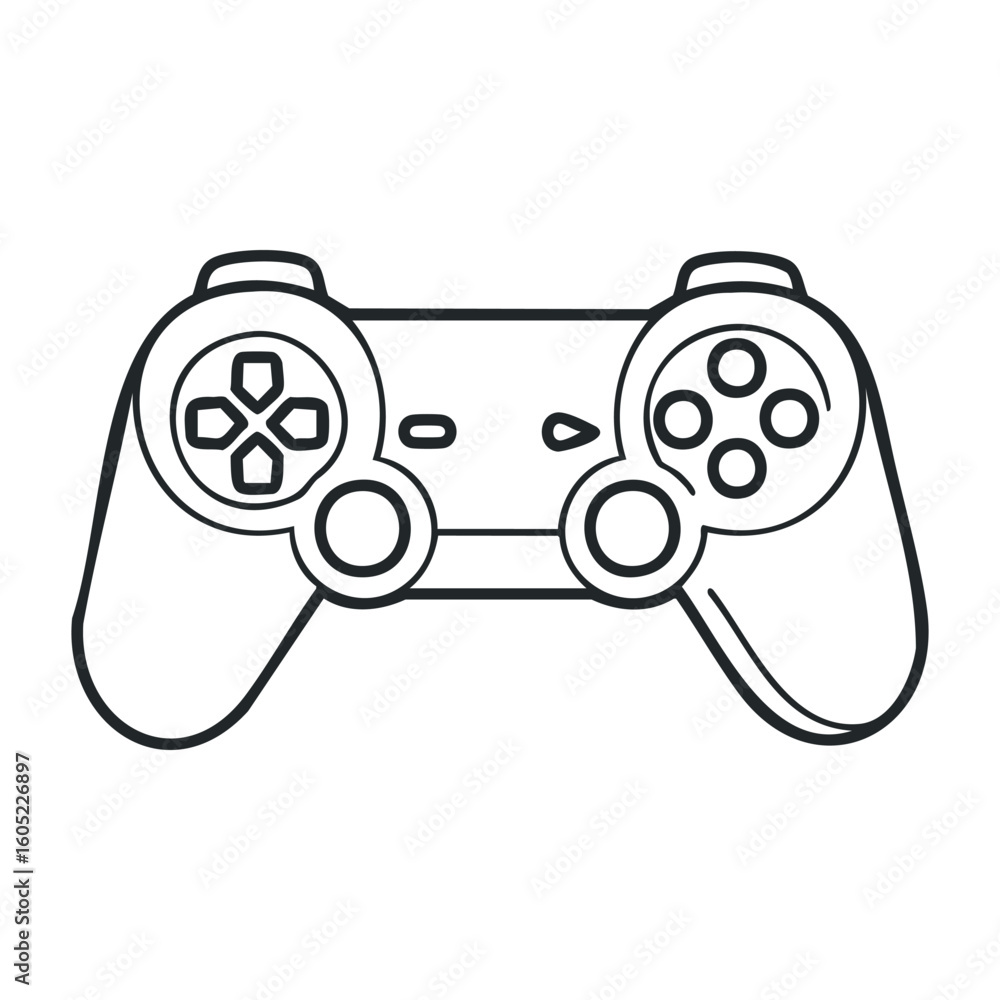 Poster monochrome game controller outline with dual analog sticks and button layout. vector illustration