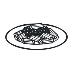 Fototapeta premium Black and white icon of penne pasta with tomato sauce on a plate. Vector illustration