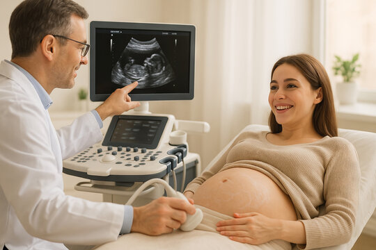 Happy pregnancy ultrasound showing expectant mother and doctor during ultrasound session. concept of prenatal care, medical checkup, and maternity happiness
