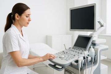 Female ultrasound technician preparing medical equipment in a clinical setting. concept of healthcare profession, medical technology, diagnostic imaging