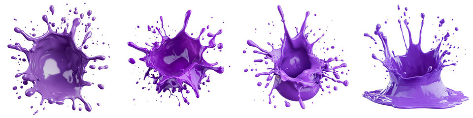 Dynamic violet paint splashes frozen in time, offering a vibrant burst of color for captivating visual designs and creative projects, perfect for modern aesthetics - Isolated on Transparent Background