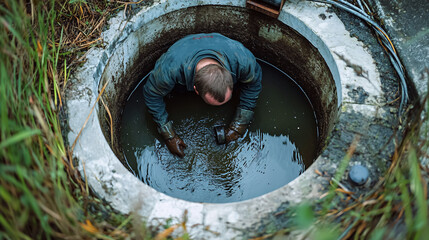 A male technician submerging a septic pump into the sewage water of a storage tank, emphasizing his work in wastewater management.