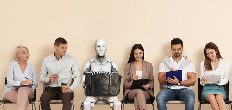Robot and people waiting for job interview. Replacing human workers with artificial intelligence