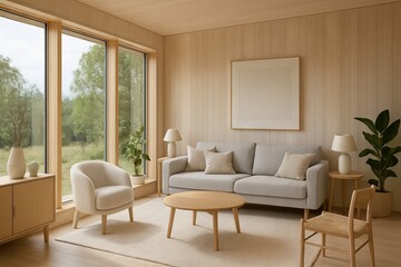 Scandinavian living room interior with minimalist furniture and large windows overlooking nature, concept of modern design, cozy atmosphere, natural light illumination, modular home