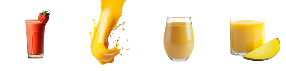 Vibrant fruit smoothies and juice blend collection ideal for healthy eating promotions, featuring strawberry, mango and tropical fruit juice splashes for energetic lifestyle ads Transparent background