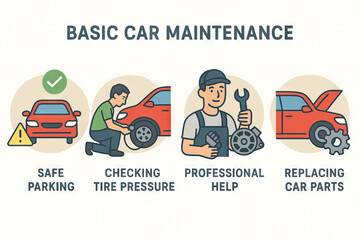 Illustration of basic car maintenance tips including safe parking, tire pressure check, seeking professional help, and replacing car parts for better automotive care