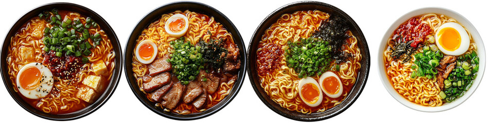 Delicious Ramen Bowls Collection Ready to Enjoy, An Asian Cuisine Delight with Noodles, Eggs, and Fresh Scallions Toppings, Perfect for Food Blogs and Restaurant Menus - Transparent Background