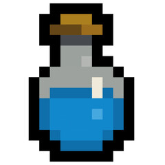 Fototapeta premium Pixel Art Blue Potion Bottle Icon - Magic Mana Elixir for Retro RPG Inventory and Game UI